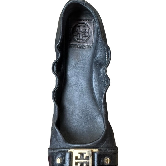 Tory Burch Classic Ambrose Black Leather Logo Ballet Flat Size 8.5M - Picture 3 of 10
